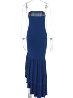 Robe de bal bleue à épaules dénudées volants robes longues asymétriques élégantes