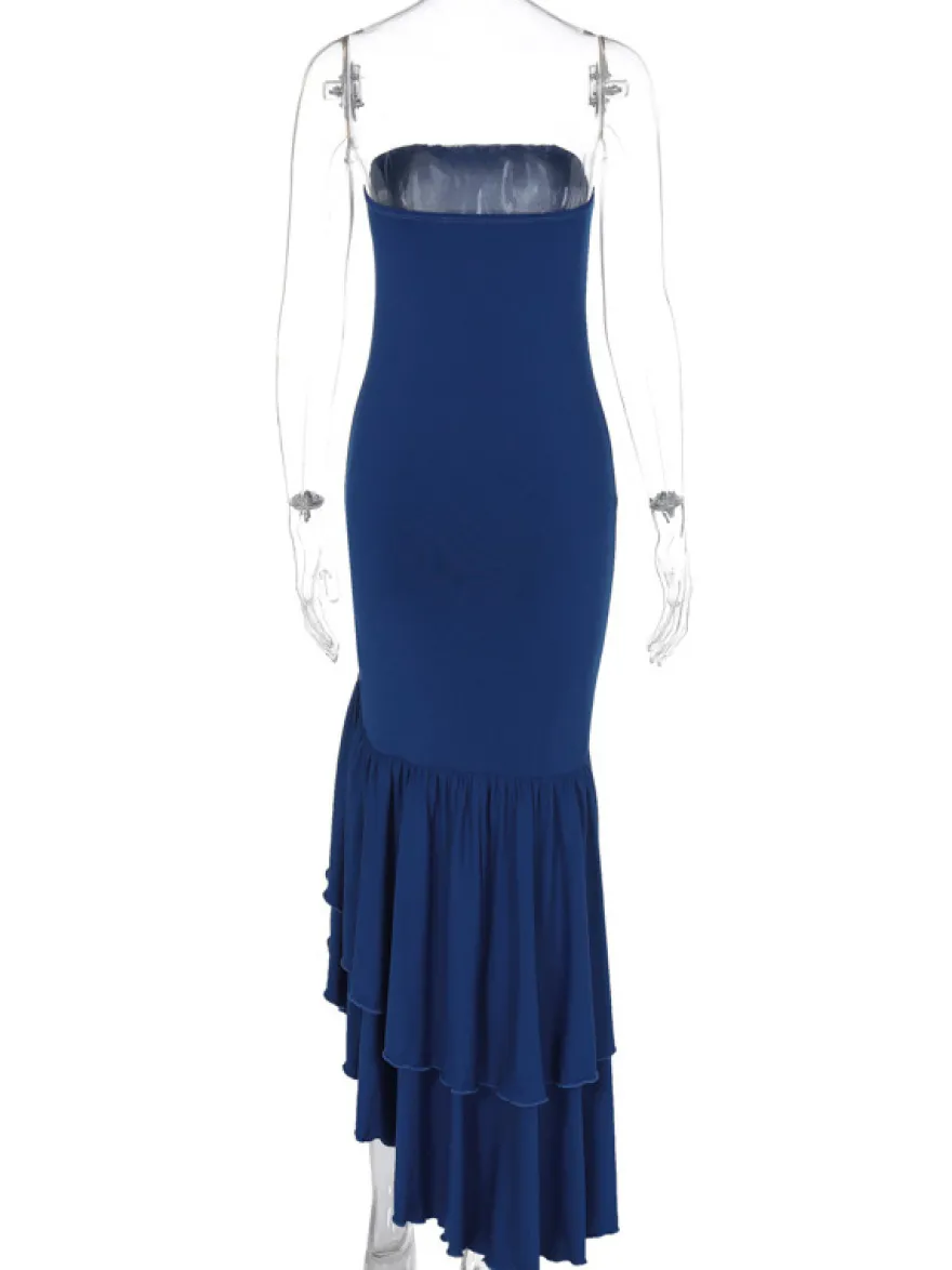 Robe de bal bleue à épaules dénudées volants robes longues asymétriques élégantes
