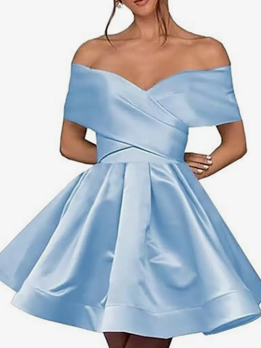 Robe de bal courte mini en satin à épaules dénudées avec poches dos corset et coupe trapèze