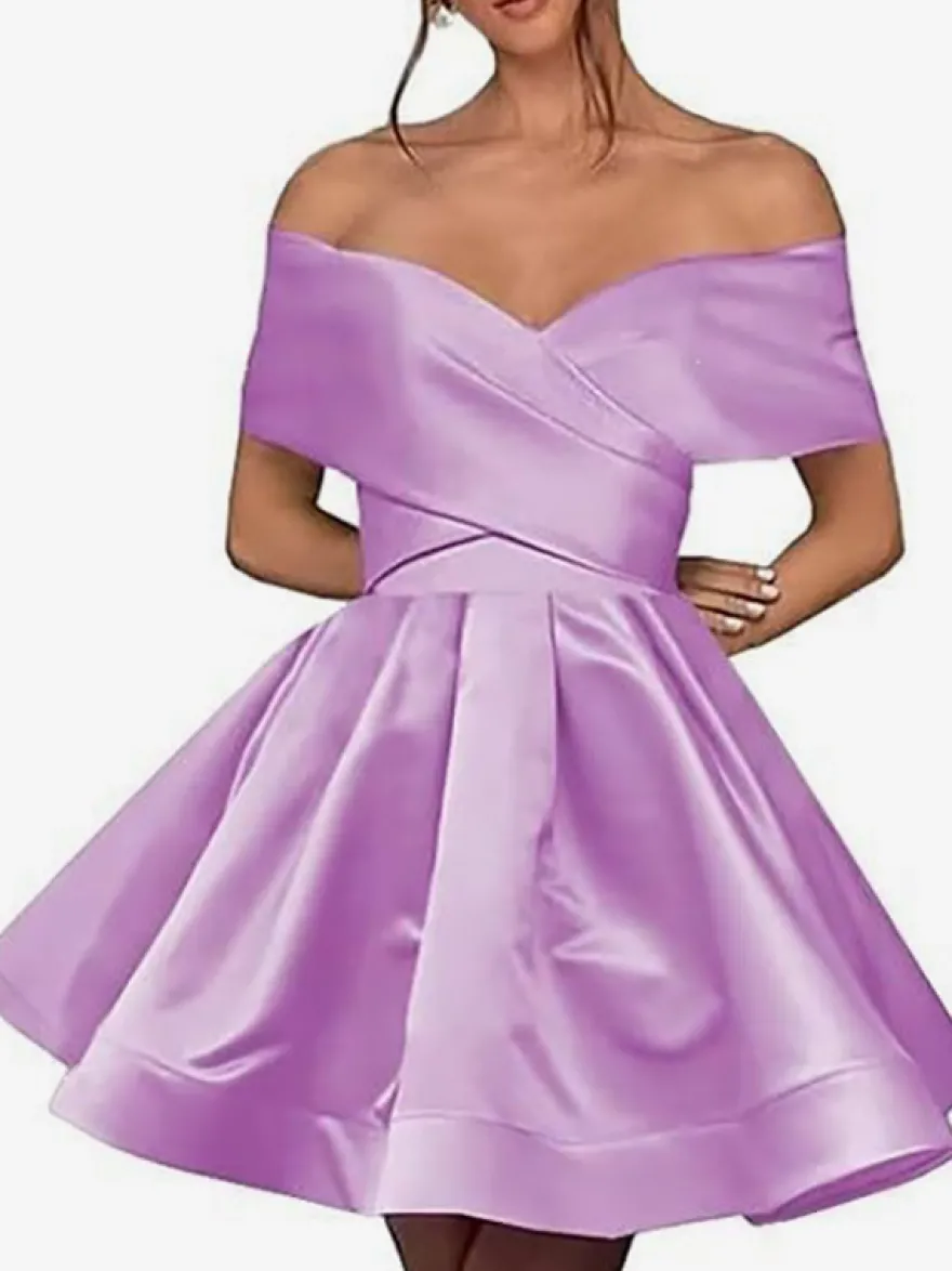 Robe de bal courte mini en satin à épaules dénudées avec poches dos corset et coupe trapèze