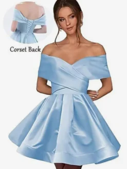 Robe de bal courte mini en satin à épaules dénudées avec poches dos corset et coupe trapèze