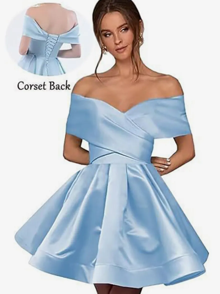 Robe de bal courte mini en satin à épaules dénudées avec poches dos corset et coupe trapèze