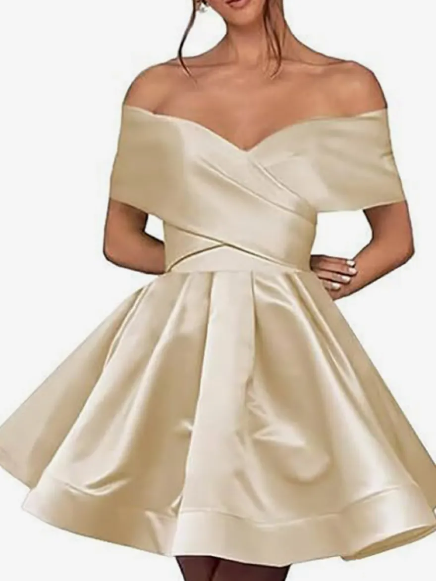 Robe de bal courte mini en satin à épaules dénudées avec poches dos corset et coupe trapèze