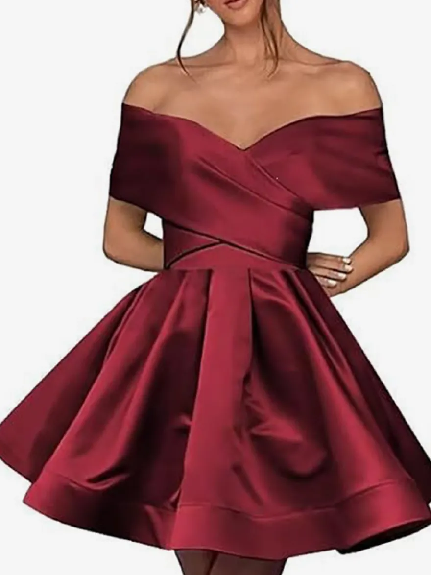 Robe de bal courte mini en satin à épaules dénudées avec poches dos corset et coupe trapèze