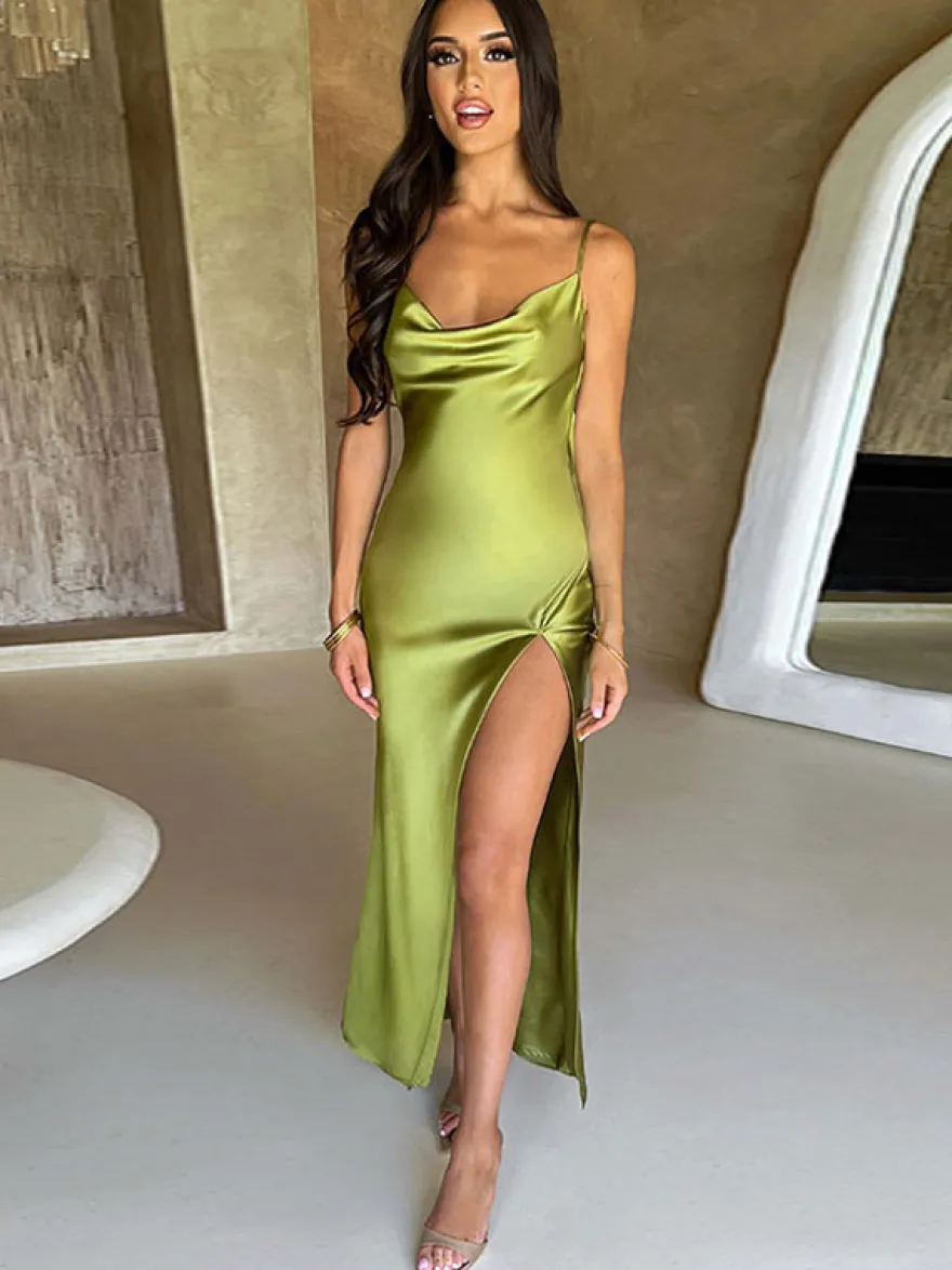 Robe de bal dos nu fente haute bretelles spaghetti robes de soirée maxi sexy