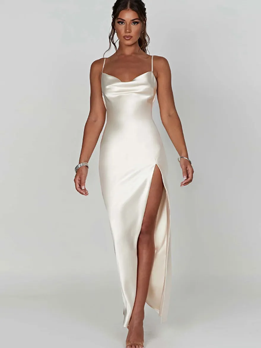 Robe de bal dos nu fente haute bretelles spaghetti robes de soirée maxi sexy