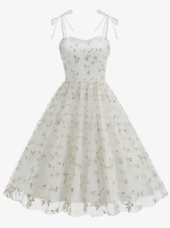 Robe de bal vintage années 1950 à fleurs pour femme - Robe midi trapèze en maille brodée et bretelles nouées - Collection été 2026