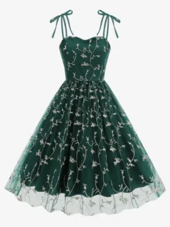 Robe de bal vintage années 1950 à fleurs pour femme - Robe midi trapèze en maille brodée et bretelles nouées - Collection été 2026