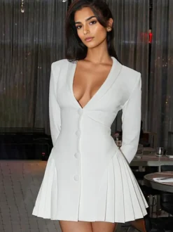 Robe De Club Femme Col En V Sexy Manches Longues En Polyester Noir