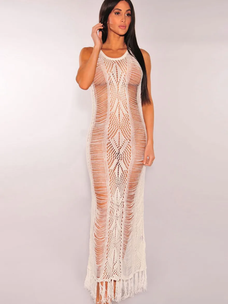Robe de Club longue Creusants avec Franges Femme avec Bretelles à Col Rond Transparente Coupe Cintrée Unicolore Robe Sexy