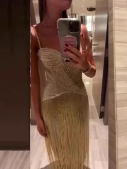 Robe de cocktail nuisette à franges et perles pour femme - Robe longue sans manches style Charleston abricot - Soirée d'été et bal de promo 2026