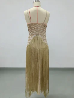Robe de cocktail nuisette à franges et perles pour femme - Robe longue sans manches style Charleston abricot - Soirée d'été et bal de promo 2026