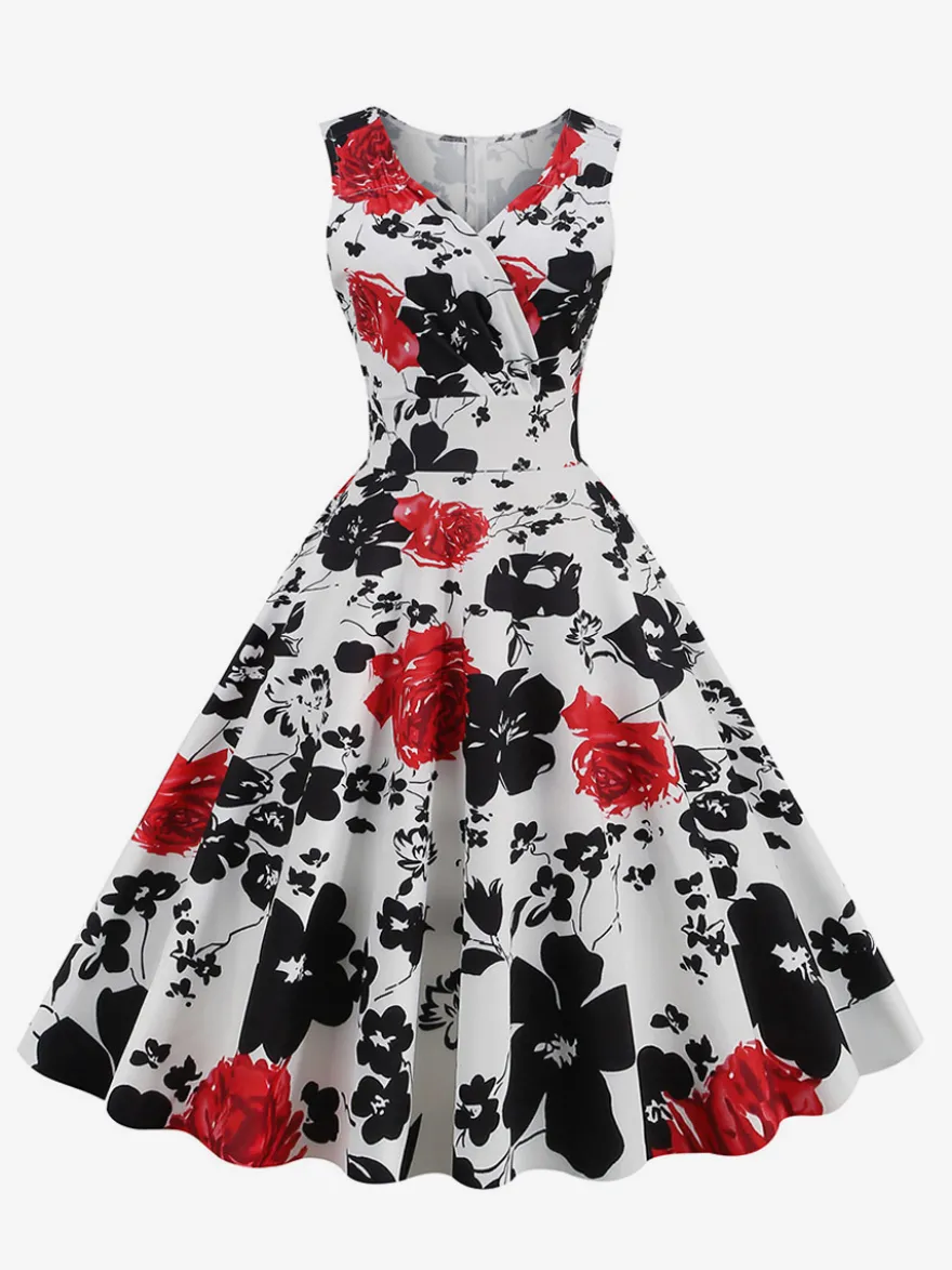 Robe de cocktail vintage années 50 col en V sans manches imprimé floral coupe trapèze taille haute sans manches.