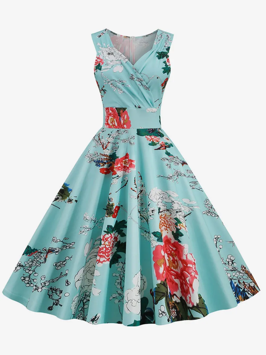 Robe de cocktail vintage années 50 col en V sans manches imprimé floral coupe trapèze taille haute sans manches.