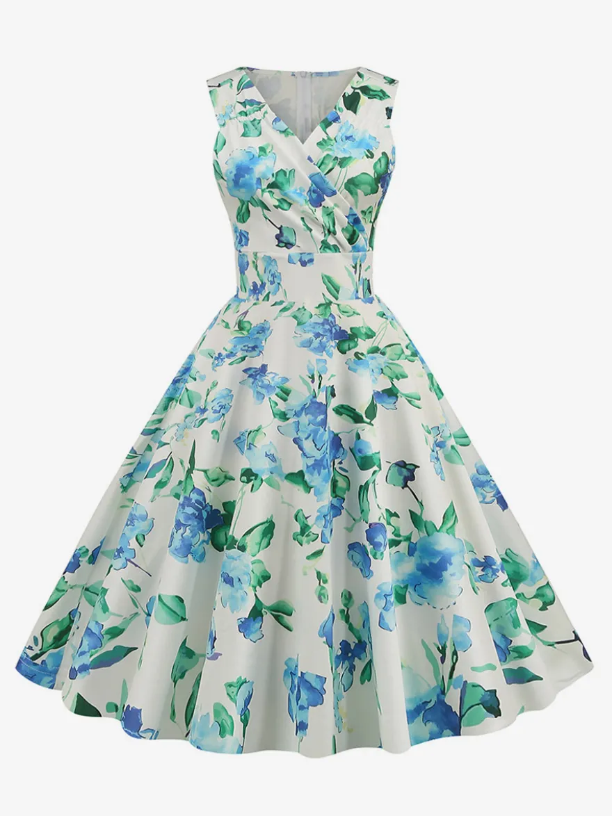 Robe de cocktail vintage années 50 col en V sans manches imprimé floral coupe trapèze taille haute sans manches.