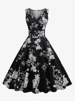 Robe de cocktail vintage années 50 col en V sans manches imprimé floral coupe trapèze taille haute sans manches.