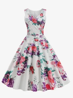 Robe de cocktail vintage années 50 col en V sans manches imprimé floral coupe trapèze taille haute sans manches.