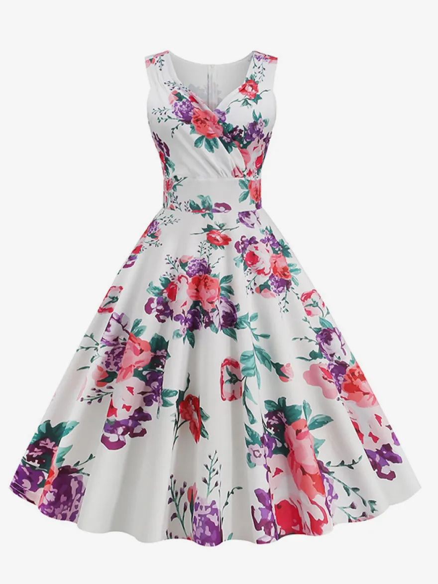 Robe de cocktail vintage années 50 col en V sans manches imprimé floral coupe trapèze taille haute sans manches.