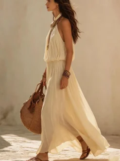 Robe de plage bohème dos nu taille élastique maxi robe fluide en mousseline style licou