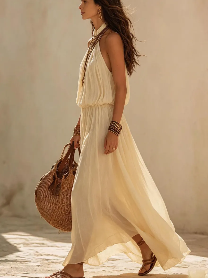 Robe de plage bohème dos nu taille élastique maxi robe fluide en mousseline style licou