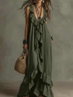 Robe de plage bohème sans manches col V ourlet à volants style maxi dos nu fluide robe longue décontractée.