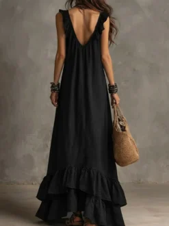 Robe de plage bohème sans manches col V ourlet à volants style maxi dos nu fluide robe longue décontractée.