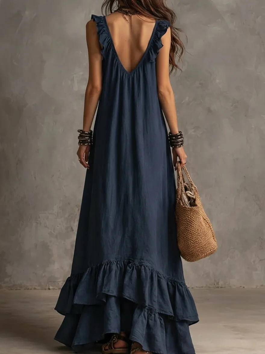 Robe de plage bohème sans manches col V ourlet à volants style maxi dos nu fluide robe longue décontractée.