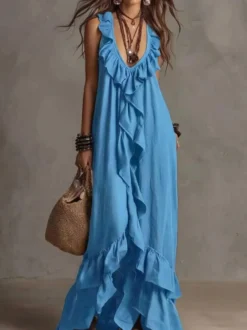 Robe de plage bohème sans manches col V ourlet à volants style maxi dos nu fluide robe longue décontractée.