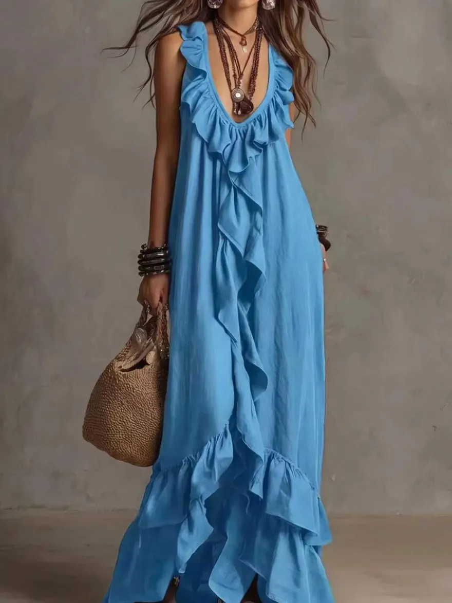 Robe de plage bohème sans manches col V ourlet à volants style maxi dos nu fluide robe longue décontractée.