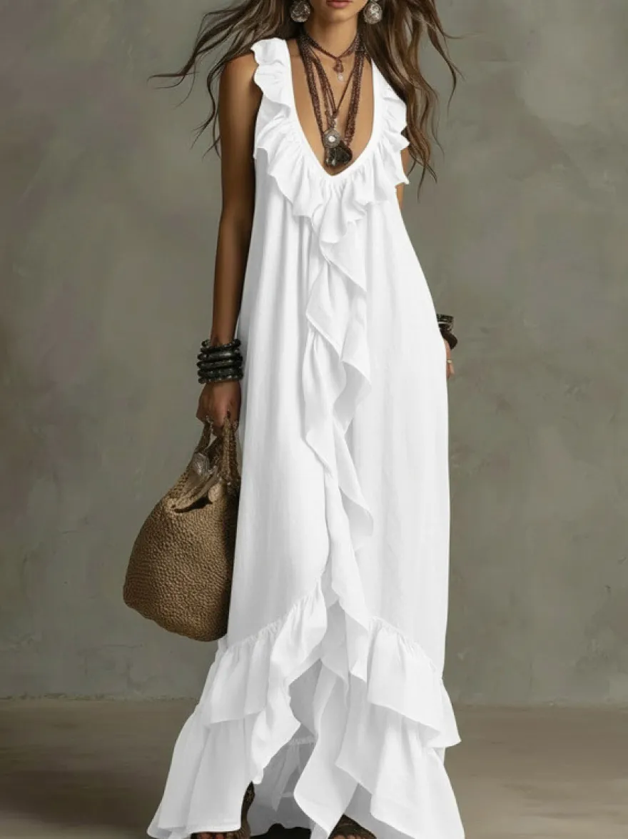 Robe de plage bohème sans manches col V ourlet à volants style maxi dos nu fluide robe longue décontractée.