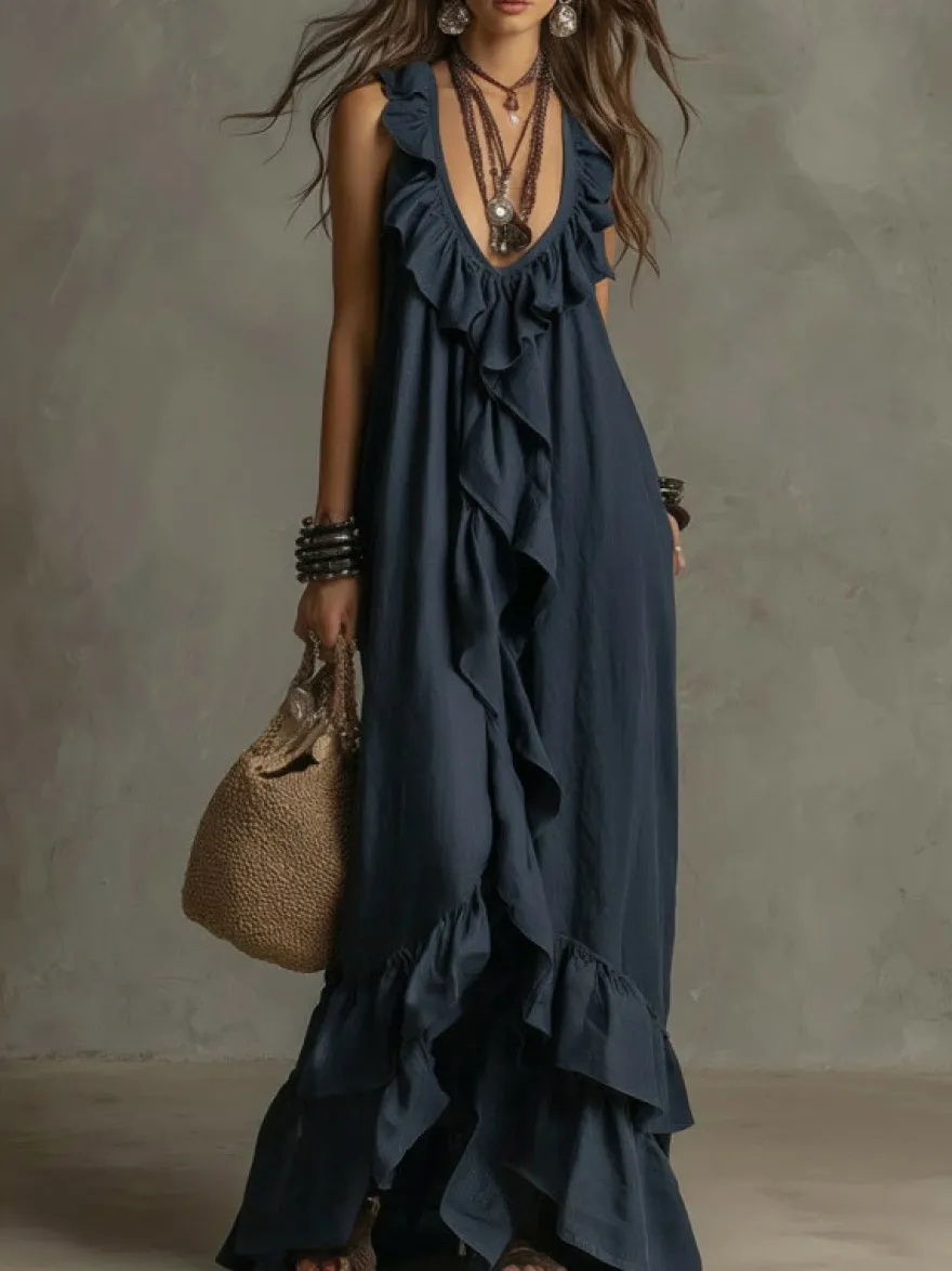 Robe de plage bohème sans manches col V ourlet à volants style maxi dos nu fluide robe longue décontractée.