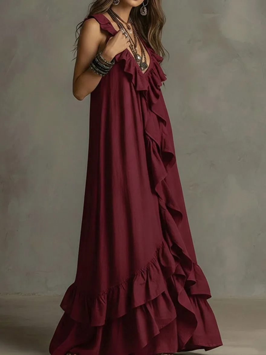 Robe de plage bohème sans manches col V ourlet à volants style maxi dos nu fluide robe longue décontractée.