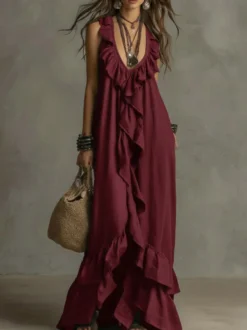 Robe de plage bohème sans manches col V ourlet à volants style maxi dos nu fluide robe longue décontractée.