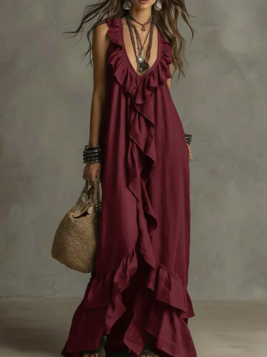 Robe de plage bohème sans manches col V ourlet à volants style maxi dos nu fluide robe longue décontractée.