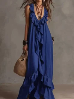 Robe de plage bohème sans manches col V ourlet à volants style maxi dos nu fluide robe longue décontractée.