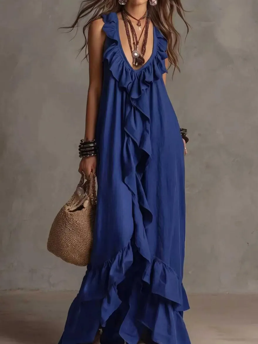 Robe de plage bohème sans manches col V ourlet à volants style maxi dos nu fluide robe longue décontractée.