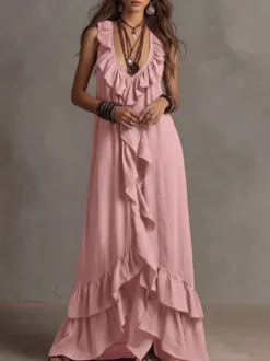 Robe de plage bohème sans manches col V ourlet à volants style maxi dos nu fluide robe longue décontractée.