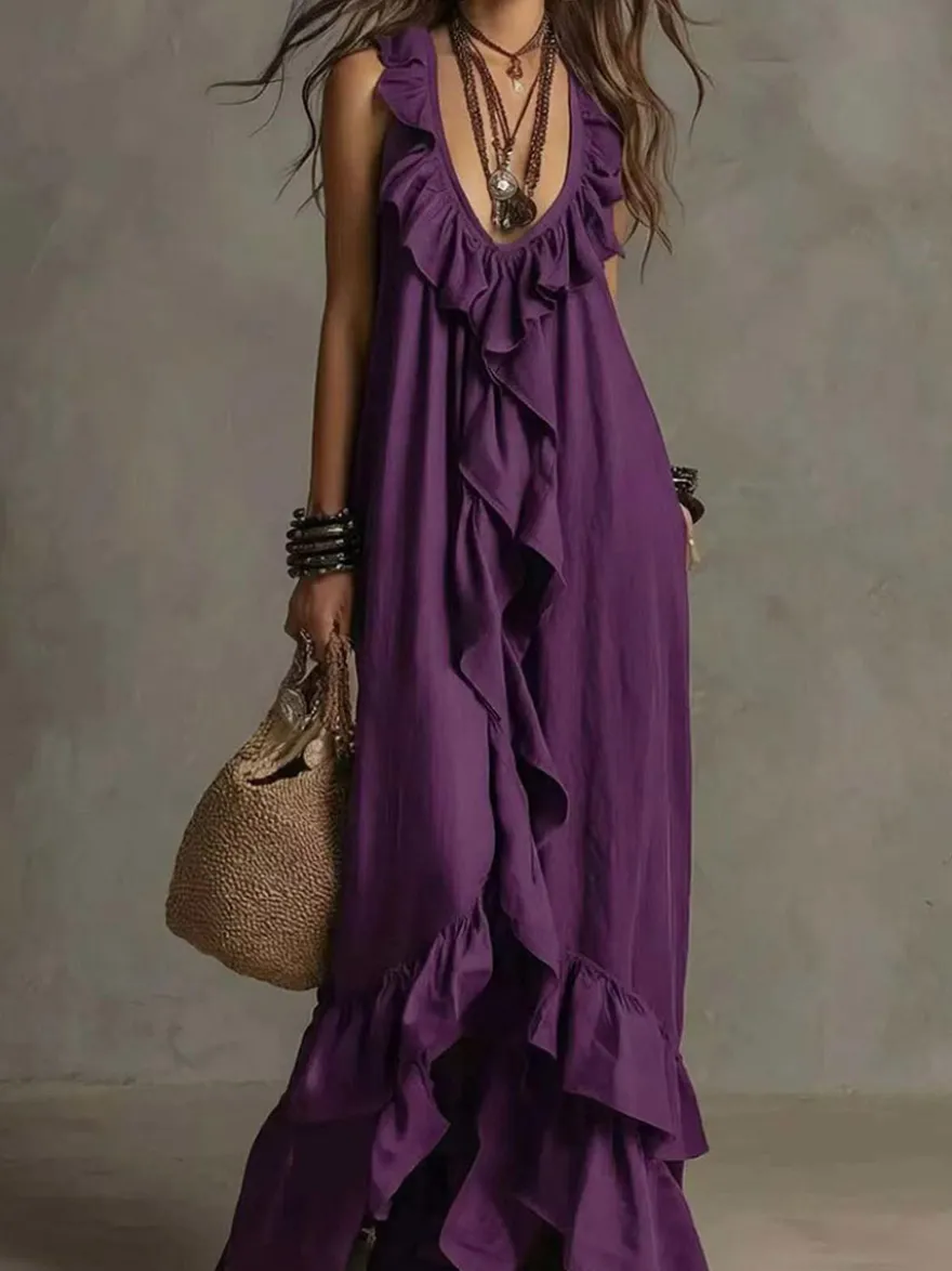 Robe de plage bohème sans manches col V ourlet à volants style maxi dos nu fluide robe longue décontractée.