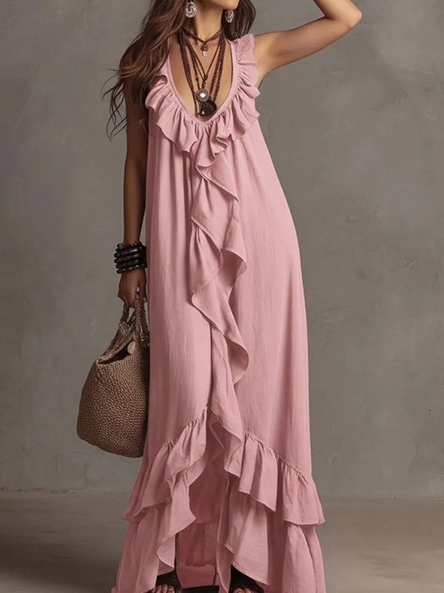 Robe de plage bohème sans manches col V ourlet à volants style maxi dos nu fluide robe longue décontractée.