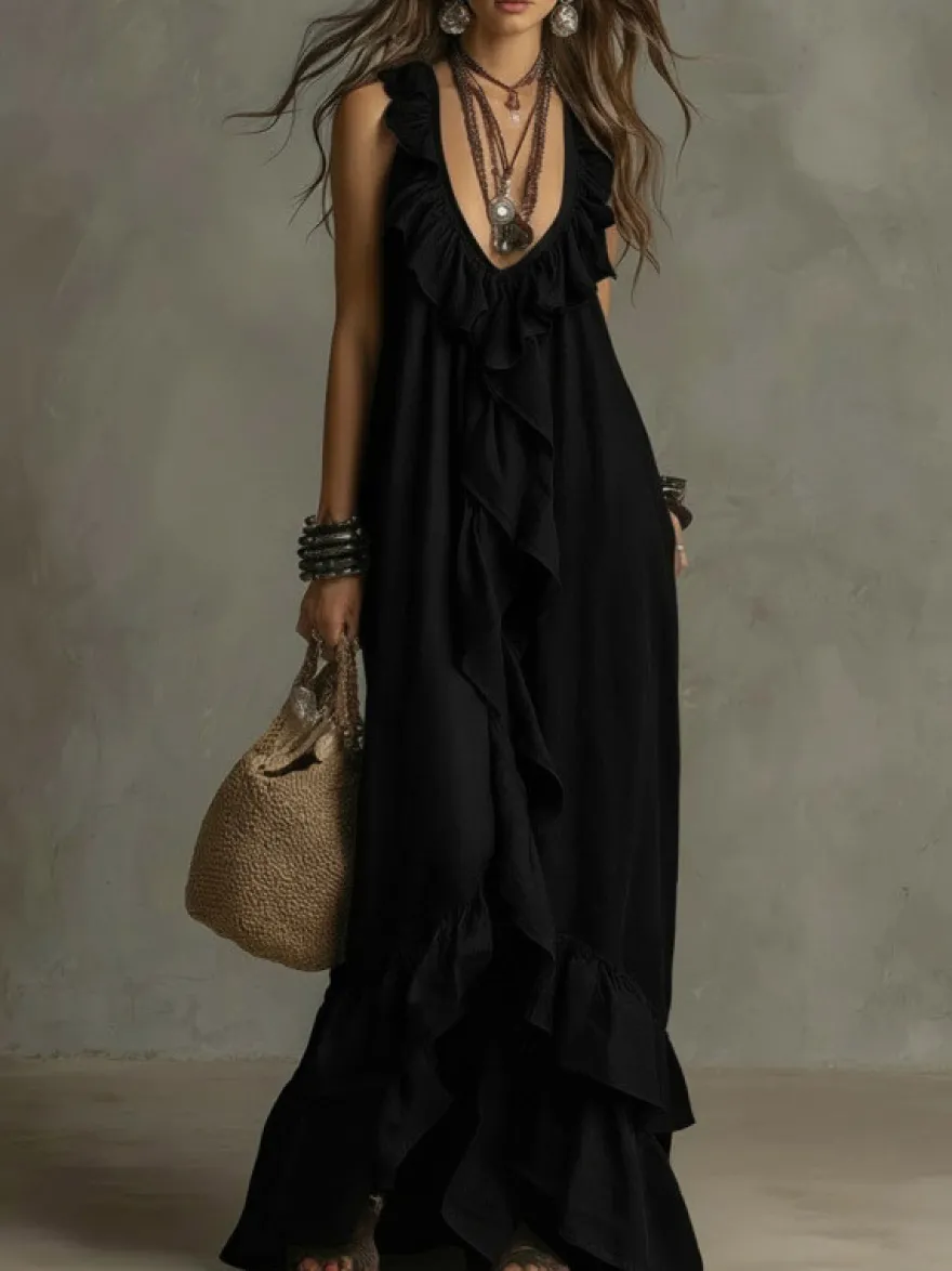 Robe de plage bohème sans manches col V ourlet à volants style maxi dos nu fluide robe longue décontractée.