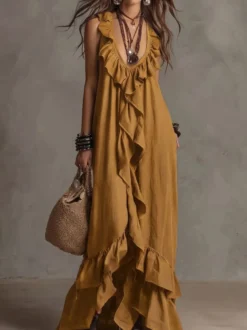 Robe de plage bohème sans manches col V ourlet à volants style maxi dos nu fluide robe longue décontractée.