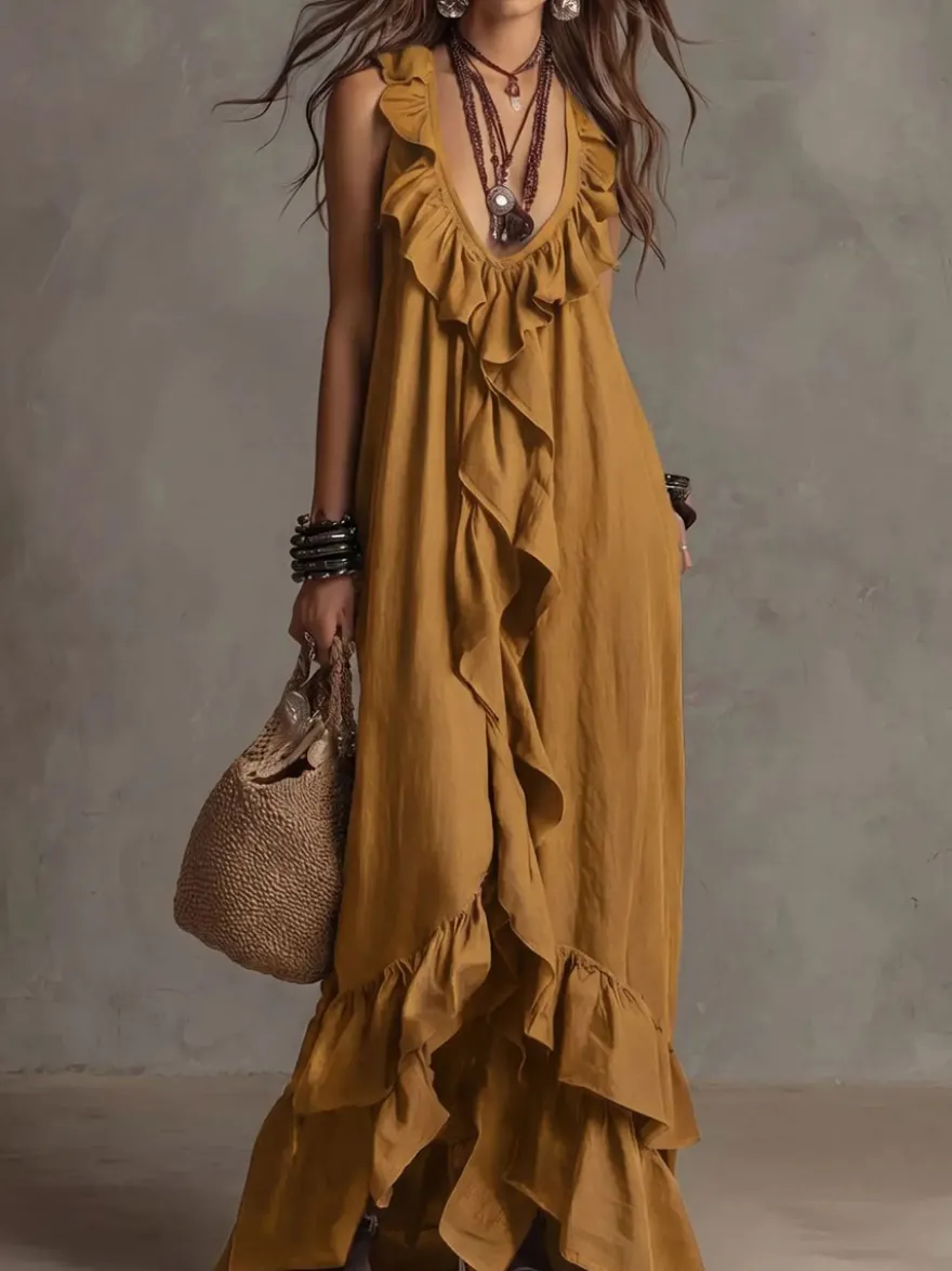 Robe de plage bohème sans manches col V ourlet à volants style maxi dos nu fluide robe longue décontractée.