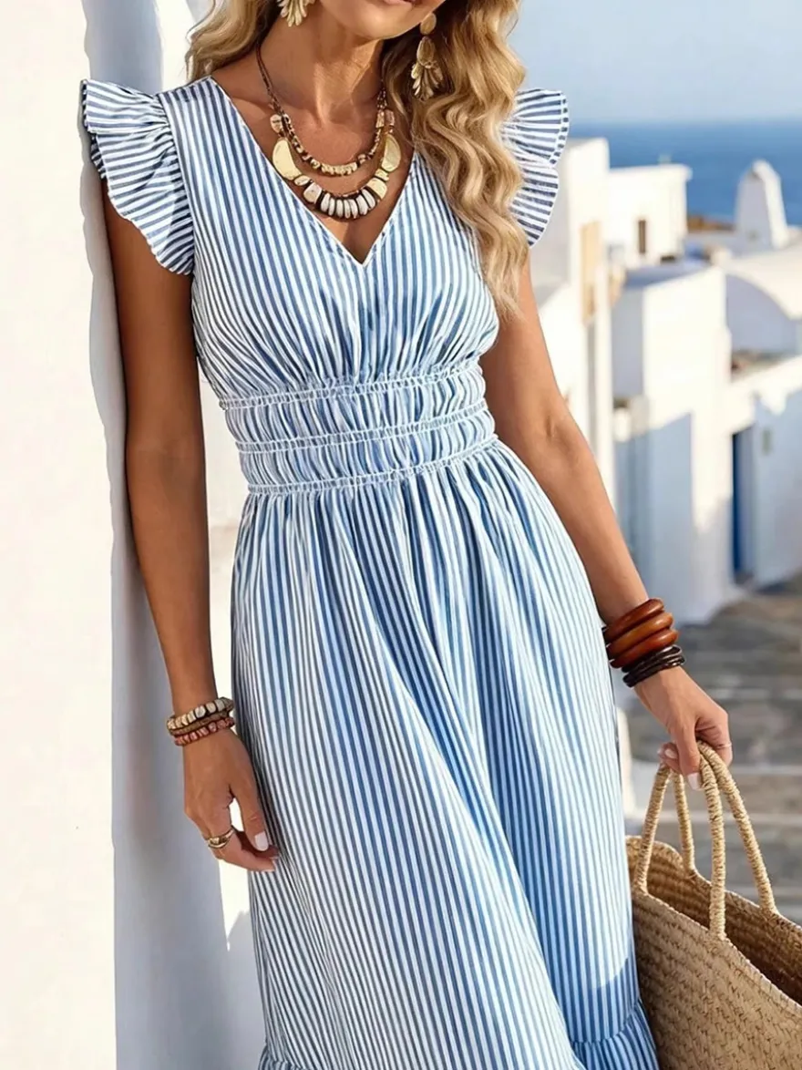Robe de plage maxi à rayures verticales col en V manches à volants et taille smockée