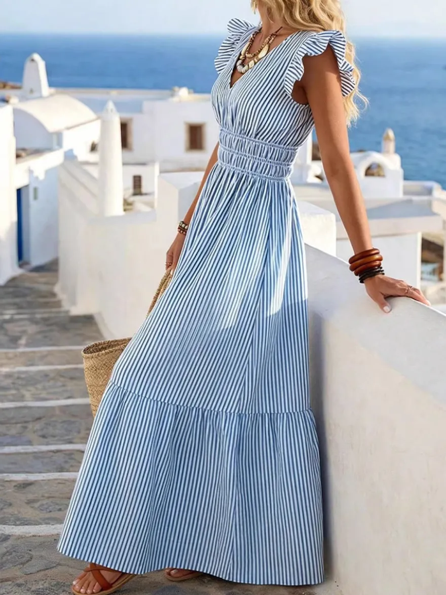 Robe de plage maxi à rayures verticales col en V manches à volants et taille smockée