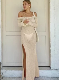 Robe de plage rose à épaules dénudées pour femme