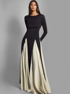 Robe De Soirée Bicolore Noire Manches Longues Robe Semi-Formelle Femme Chic