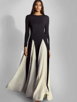Robe De Soirée Bicolore Noire Manches Longues Robe Semi-Formelle Femme Chic