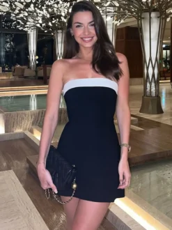 Robe de soirée blanche en polyester bicolore sans manches et sans bretelles