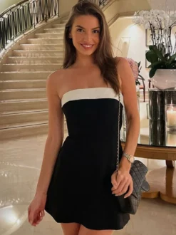 Robe de soirée blanche en polyester bicolore sans manches et sans bretelles