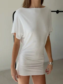 Robe de soirée blanche en polyester à manches courtes et col en V